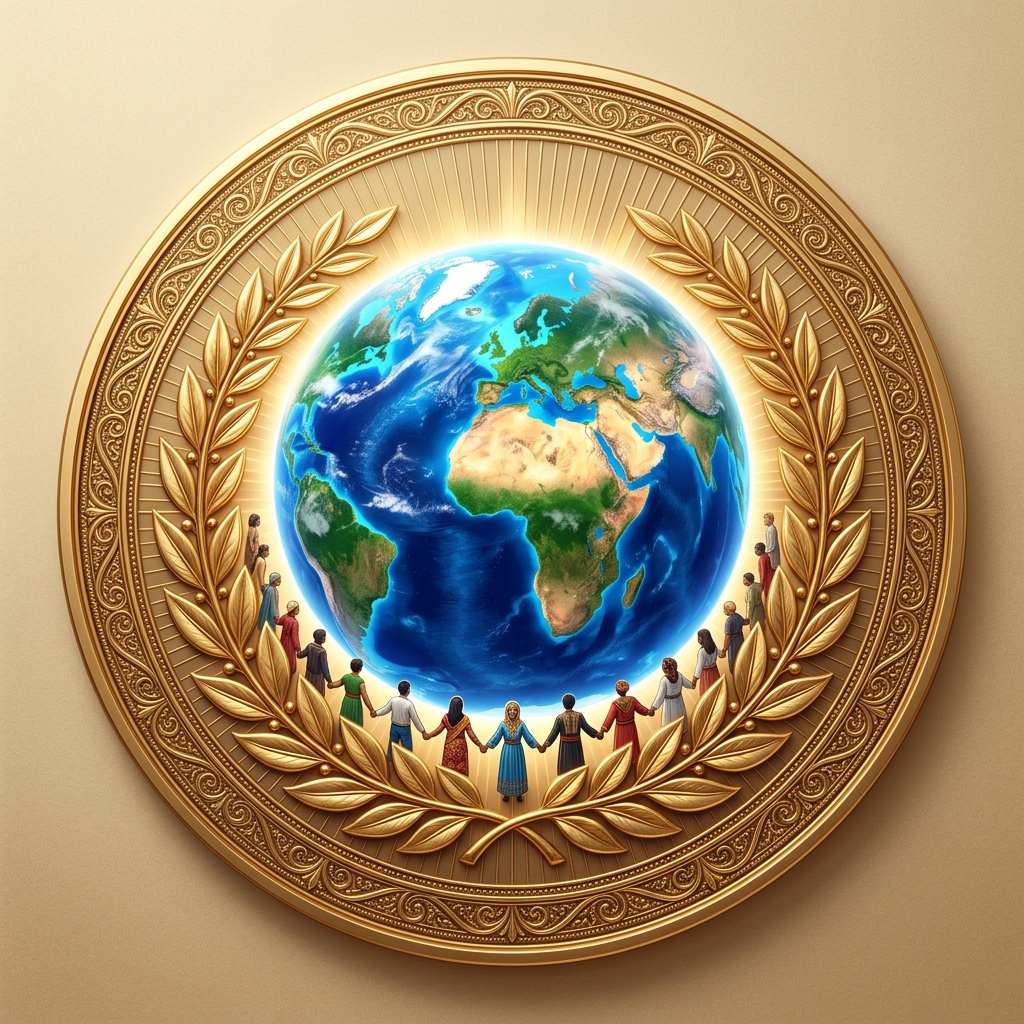 Emblem: Earth within a golden laurel wreath, encircled by people holding hands