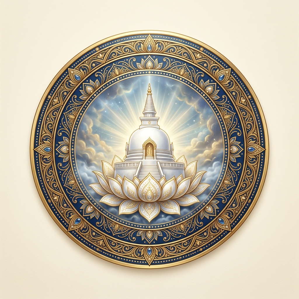 Emblem: a white stupa rising from a lotus within a sapphire and gold mandala